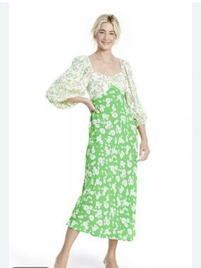 Rixo x Target Green Floral Daisy Tulip Puff Sleeve Midi Dress Size 4 cottagecore